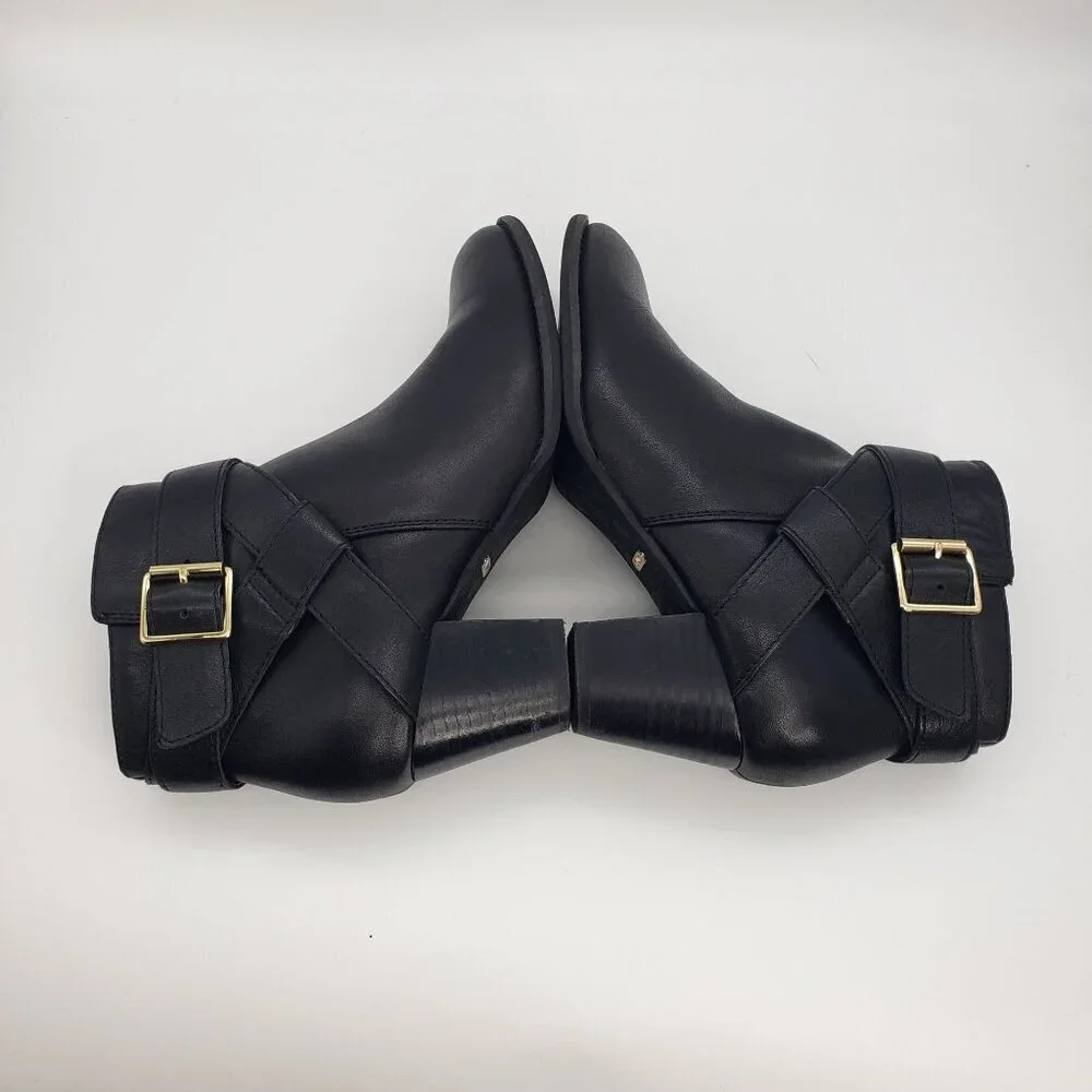 VIONIC Women 7 Black Leather Trinity Arch Support Comfort Ankle Moto Buckle Boot
